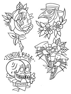 four different tattoos that are drawn in black and white