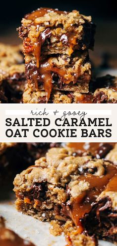 salted caramel oat cookie bars stacked on top of each other