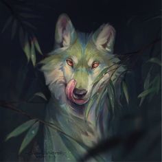 a painting of a wolf sticking its tongue out in front of some branches and leaves