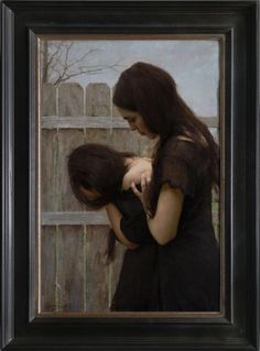 a painting of two women hugging each other in front of a wooden fence and tree