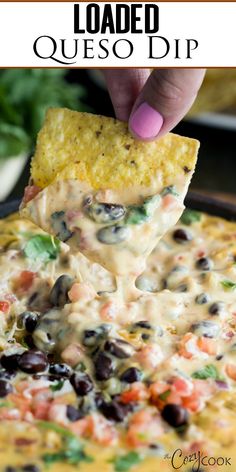 a hand dipping a tortilla chip into a black bean and cheese quesadilla dip