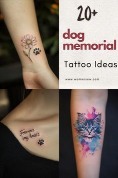 the cover up for 20 dog memorial tattoo ideas, including an image of a cat and flowers