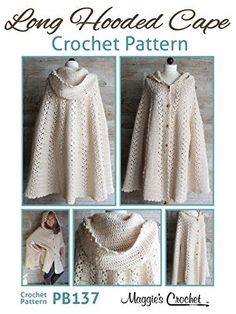 the crocheted cape is shown in four different pictures, including one with a collar and