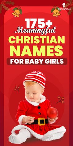 a baby is dressed as santa claus and holding an apple with the words merry christmas names for