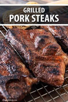 grilled pork steaks on a grill with text overlay