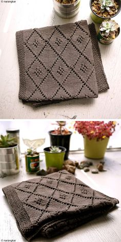 two pictures showing the same blanket and potted plants in different stages of being knitted