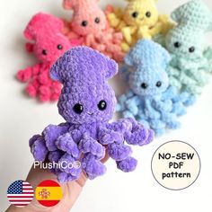 there is a small crocheted octopus in front of five other colors and sizes