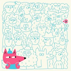 a pink dog sitting in front of a large group of blue and white doodles