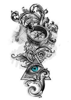 an artistic tattoo design with a clock and eye