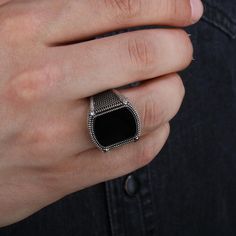 Silver Onyx Signet Ring Luxury Style, Luxury Silver Onyx Signet Ring, Luxury Silver Signet Ring With Onyx, Silver Onyx Signet Ring Gift, Silver Onyx Rings With Black Enamel, Elegant Black Stainless Steel Signet Ring, Onyx Jewelry Ring, Silver Mens Ring, Father Gifts