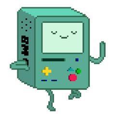 an old school computer gameboy with a face and arms in pixell art style