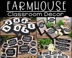 a collage of photos with words and pictures on them, including the word farm house classroom decor