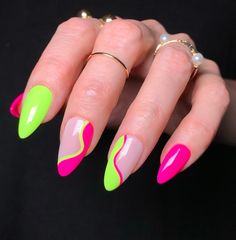 CALLIE Reusable Press on Nails Neon Pink and Green Abstract Nails - Etsy Cute 80s Nails, Neon Nails Green And Pink, Vacation Neon Nails, Neon Nails 2023 Trends, Neon Pink Nails Almond Shape, Trending Nails 2020, Birthday Neon Nails, Neon Squiggle Nails, Neon Polka Dot Nails