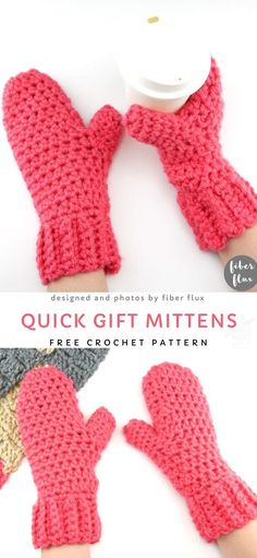 two knit mittens are shown with the text, quick gift mittens free crochet pattern