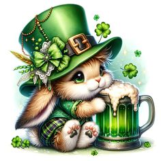 a cat wearing a green hat and holding a beer in it's paws with shamrocks on the side