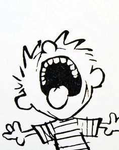 a black and white drawing of a boy with his mouth open