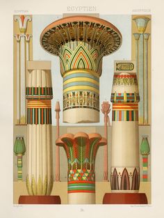 an illustrated book with many different designs and colors on it, including columns, vases, and other decorative objects