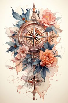 a drawing of a compass with flowers on it