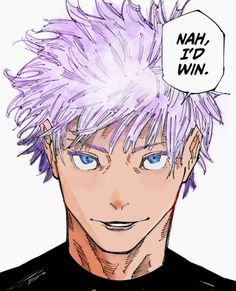 an anime character with purple hair has a speech bubble above his head that says nah fd win