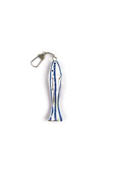 a white and blue object with a metal hook on it's end, against a white background