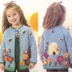 "Vintage Crochet Pattern Girls Ornate Cardigan Sweater Jacket  Buy 4 patterns and get 1 FREE. Add all 5 to your cart and enter the coupon code SAVE20 This sweater pattern is for a basic raglan-sleeved jacket with picot edging. It can be used as a background for three dimensional crochet trimmings INCLUDED is the trimmings pattern for the bees and flowers appliques that are added to the sweater jacket. Finish Size: To fit: 25\"-27\" chest. Length 16.75\", sleeve seam 12.5\" Skill Level: ** Averag Jaket Crochet, Crochet Coat Pattern, Easy Crochet Baby, Vintage Crochet Pattern, Crochet Vintage, Crochet Simple, Crochet Girls, Crochet Coat, Crochet Clothing