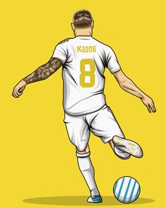 a man kicking a soccer ball in front of a yellow background with the number 8 on it