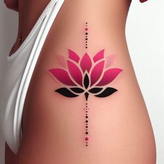 a woman's stomach with a pink flower tattoo on the side of her belly