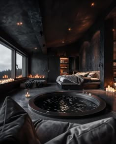 a room with candles and a bed in it