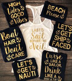 six t - shirts with gold lettering on them