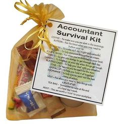 an assortment of items in a bag with a sign attached to it that says,'account survival kit '