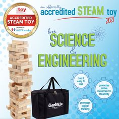 an advertisement for science and engineering with wooden blocks stacked up on top of each other