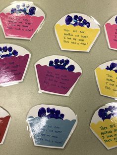 several pieces of paper with flowers and words written on them, all in different colors