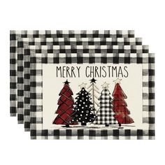 two christmas trees on a checkered tablecloth with the words merry christmas in black and white