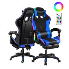 an image of a gaming chair with rainbow lights on the side and remote control in the back