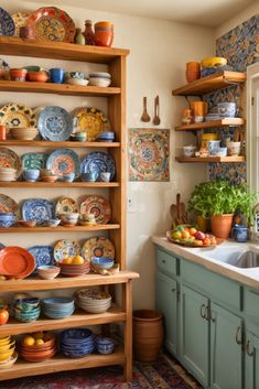 a kitchen filled with lots of plates and bowls on top of wooden shelvings