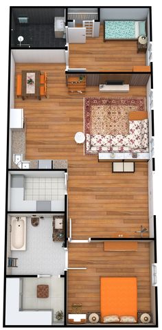 an overhead view of a bedroom and living room in a small apartment with wood flooring