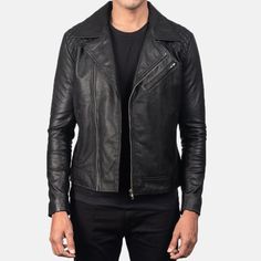 This black leather jacket has a sleek yet sophisticated design. It is made of premium-quality black leather with a matte and modern finish. This versatile leather jacket exhibits a tailored fit style that is perfect for casual and formal gatherings. The jacket ensures comfort because of its soft and quilted lining inside. This black quilted leather jacket features a wide-notch lapel with an asymmetrical zipper closure from the front. It also has a slanting zipper pocket on the chest and two slan Modern Black Leather Jacket With Long Sleeves, Black Leather Biker Jacket For Streetwear, Modern Black Biker Jacket With Zipper Closure, Casual Black Leather Biker Jacket, Biker Style Long Sleeve Leather Jacket, Edgy Leather Business Outerwear, Urban Business Leather Jacket, Sleek Black Biker Jacket, Edgy Long Sleeve Leather Jacket