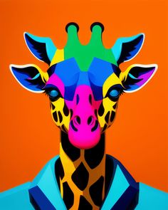 a colorful giraffe's head is shown in front of an orange background