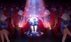 an animated image of a woman sitting on a red chair in front of a group of people