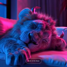 a blue and pink photo of a sleeping lion with its mouth open on a bed