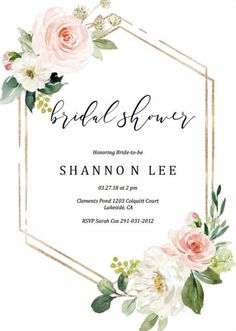 a wedding shower card with flowers and greenery in the center, on a white background