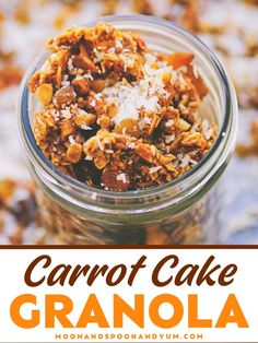 You got to try this Carrot Cake Granola! A healthy eating idea for an easy healthy breakfast made with oats, carrots, coconut, raisins, walnuts, and free of refined sugars. It's gluten free, vegan, and absolutely delicious. Make it today and enjoy! Carrot Cake Granola, Carrot Cakes, Gluten Free Carrot Cake, Vegan Granola, Breakfast Vegan, Gluten Free Granola, Vegan Carrot Cakes, Gluten Free Recipes For Breakfast, Granola Healthy