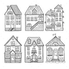 hand drawn houses with windows and stairs - miscellaneous objects illustrations on white background, black and white