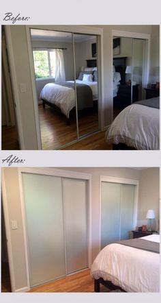 before and after pictures of sliding closet doors in a bedroom with hardwood floors, white bedding and pillows