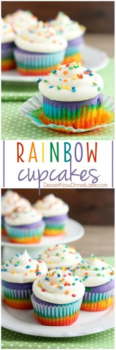 rainbow cupcakes with white frosting and sprinkles are on a plate