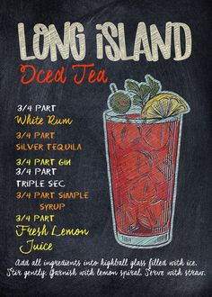 the long island iced tea menu is shown on a chalkboard with an orange and lime garnish