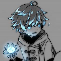 an anime character with blue hair holding a light up item in his hand and looking at it