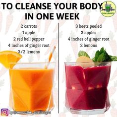 two glasses filled with different types of smoothies and juices to cleanse your body in one week