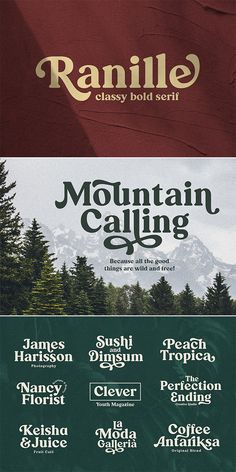 the mountain calling flyer is shown in three different colors