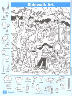 a coloring book with an image of a person in front of a tree and other items